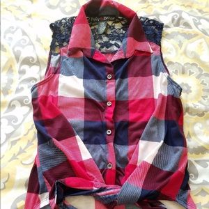 Button down plaid blouse w/ tie front